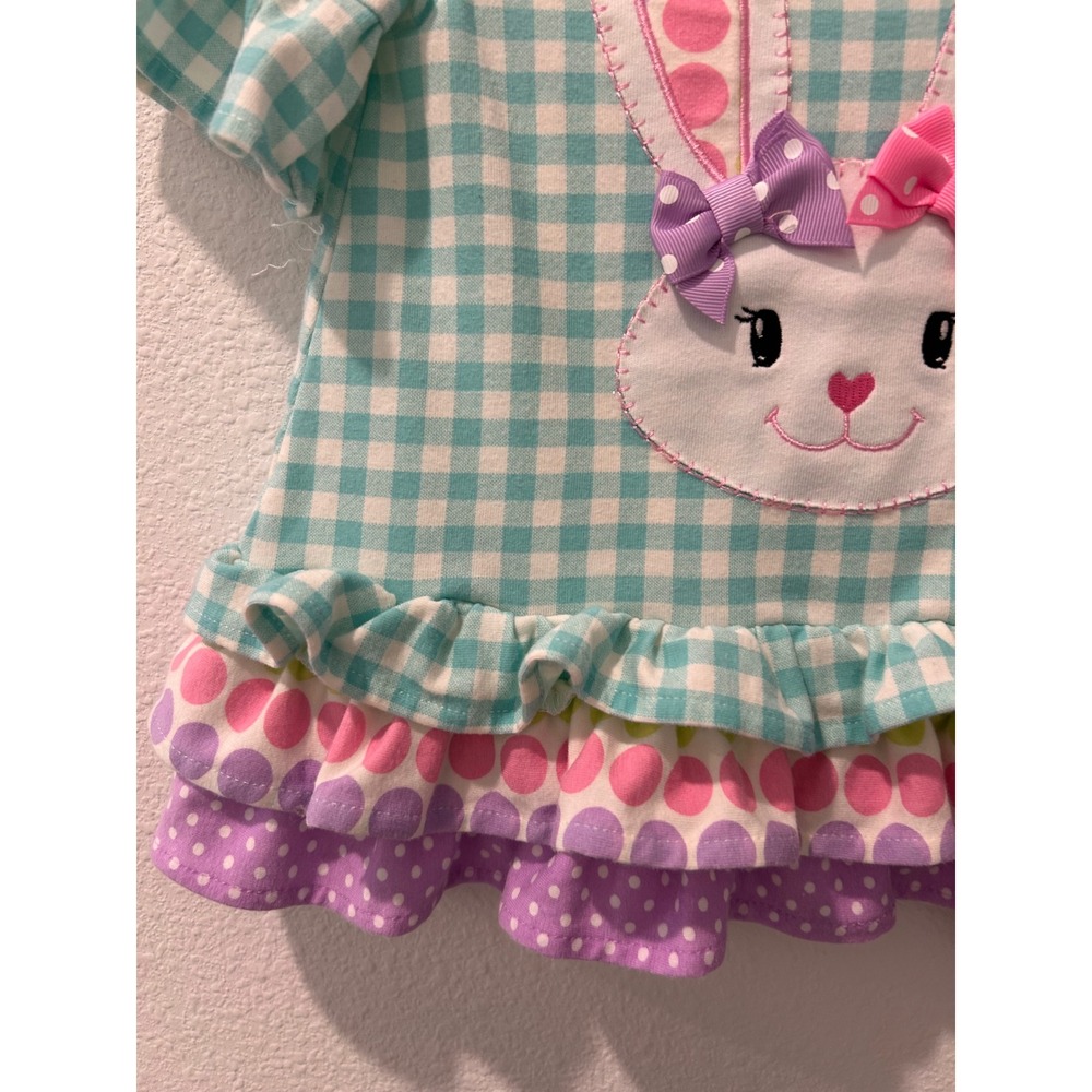 Rare Editions Baby Girl Teal Gingham Bunny Ruffle Top Shirt 12M - Picture 3 of 6